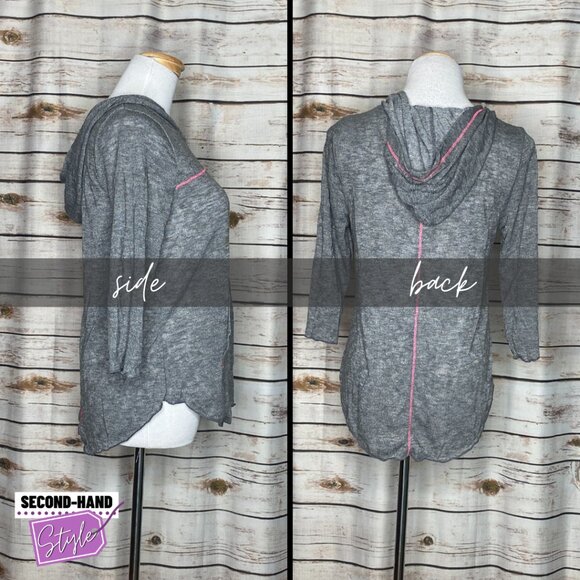 3/4 Length Sleeve Front Pocket Line Detail Lightweight Burn-out Fabric Hoodie - Picture 2 of 2